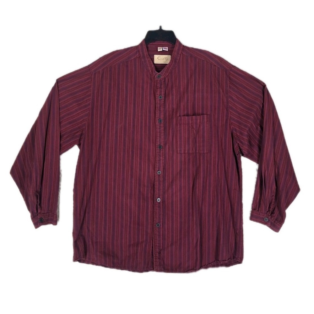 Vtg Scully Shirt Mens 2XL Button Up Band Collar Textured Striped Maroon Red USA